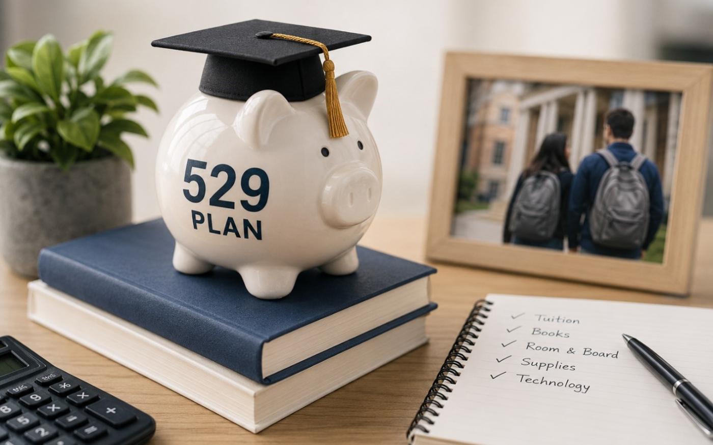 Piggy bank wearing a graduation cap labeled 529 Plan, sitting on books next to a notepad checklist of qualified college expenses including tuition, books, room and board, supplies, and technology