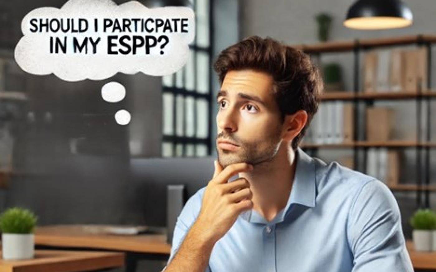 A man in a button-down shirt, sitting at his desk in front of his computer, contemplating if he should participate in his ESPP.