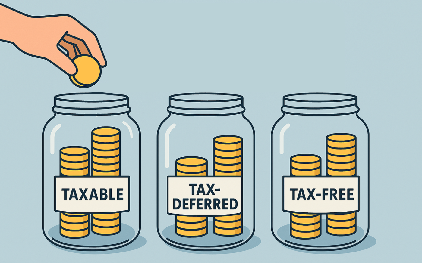 Three jars labelled as "taxable", "tax-deferred", and "tax-free", being filled with coins to demonstrate asset location