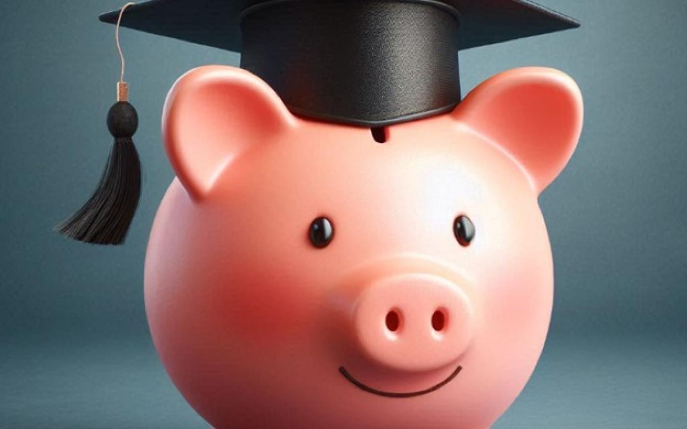 A pink piggy bank wearing a black graduation cap, standing isolated in front of a dark grey background.