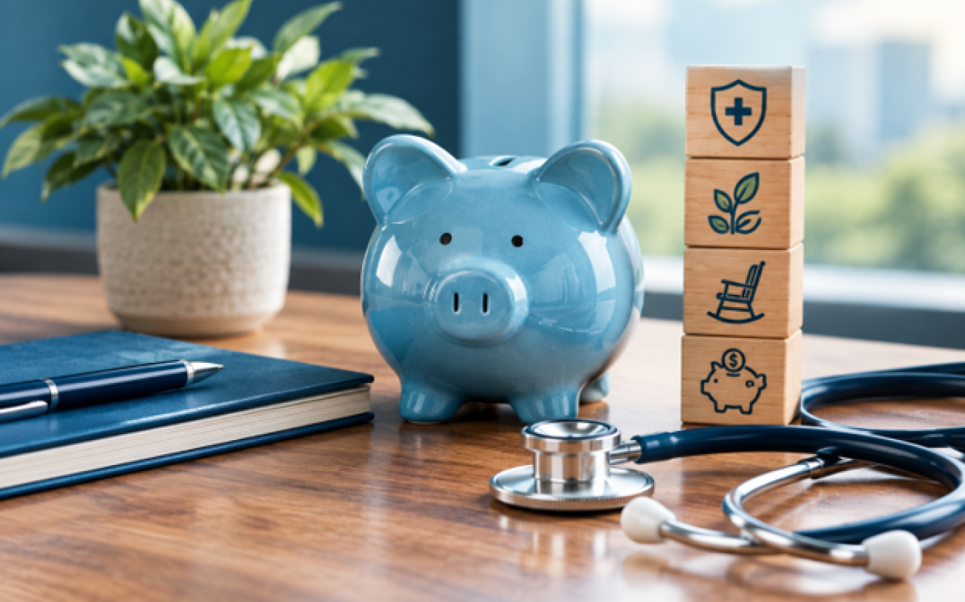 A blue piggy bank, a stethoscope, and wooden blocks stacked with icons representing health, growth, retirement, and savings, symbolizing the many ways in which an HSA can be used.