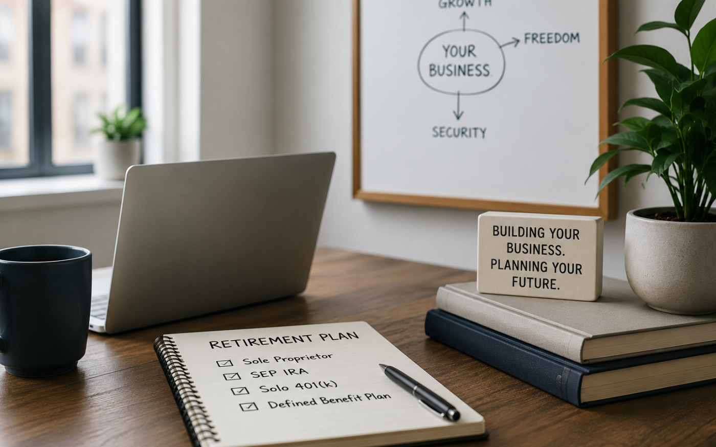 Image of an office desk of an entrepreneur. Whiteboard in the background contains a business diagram for freedom, growth, and security. Notepad on the desk is a checklist for different types of retirement plans available to small business owners.