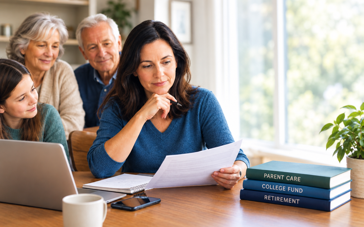 Family discussing retirement planning and care for aging parents