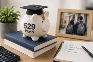 Piggy bank wearing a graduation cap labeled 529 Plan, sitting on books next to a notepad checklist of qualified college expenses including tuition, books, room and board, supplies, and technology