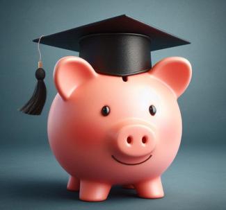 A pink piggy bank wearing a black graduation cap, standing isolated in front of a dark grey background.