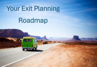 An old green pop-top van driving down an empty desert road on a clear sunny day. The words "Your Exit Planning Roadmap" in text over the sky.