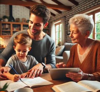 A middle-aged father teaching his son about finances, and reviewing his mother's plan.
