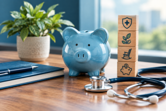 A blue piggy bank, a stethoscope, and wooden blocks stacked with icons representing health, growth, retirement, and savings, symbolizing the many ways in which an HSA can be used.