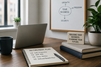 Image of an office desk of an entrepreneur. Whiteboard in the background contains a business diagram for freedom, growth, and security. Notepad on the desk is a checklist for different types of retirement plans available to small business owners.