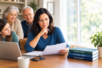Family discussing retirement planning and care for aging parents