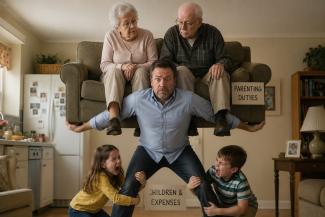 Comical picture of a man holding up a couch on his back with his parents sitting on it, while his two children cling to his legs.