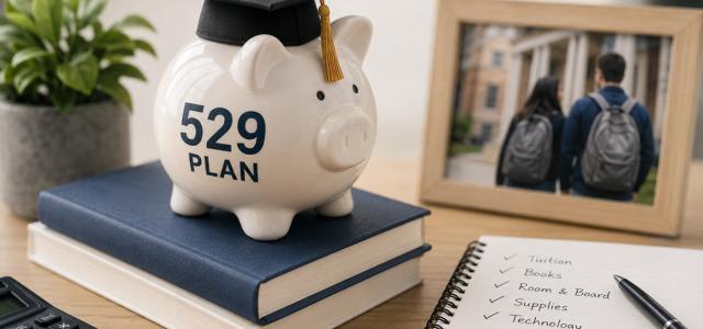 Piggy bank wearing a graduation cap labeled 529 Plan, sitting on books next to a notepad checklist of qualified college expenses including tuition, books, room and board, supplies, and technology
