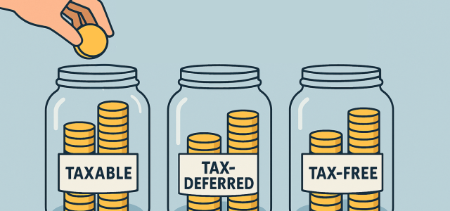 Three jars labelled as "taxable", "tax-deferred", and "tax-free", being filled with coins to demonstrate asset location