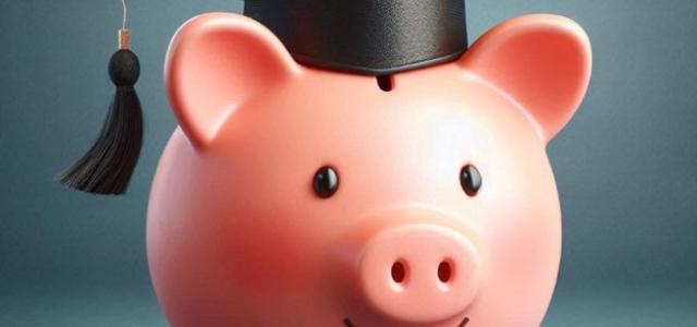 A pink piggy bank wearing a black graduation cap, standing isolated in front of a dark grey background.