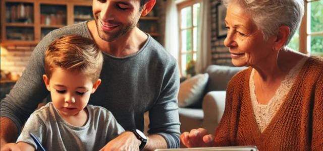 A middle-aged father teaching his son about finances, and reviewing his mother's plan.