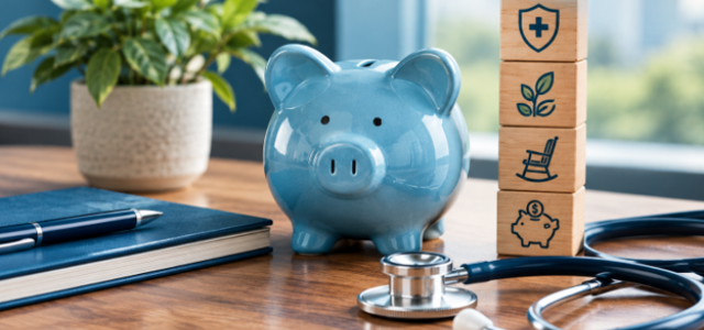 A blue piggy bank, a stethoscope, and wooden blocks stacked with icons representing health, growth, retirement, and savings, symbolizing the many ways in which an HSA can be used.