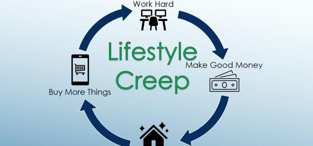 Infographic of Lifestyle creep. The cycle of working hard to make good money, to increase living expenses, to buy more things, to needing to work harder to make more money.