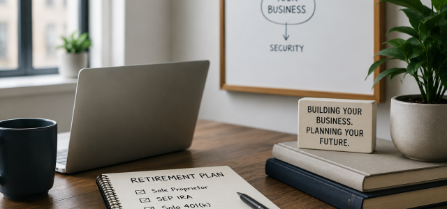 Image of an office desk of an entrepreneur. Whiteboard in the background contains a business diagram for freedom, growth, and security. Notepad on the desk is a checklist for different types of retirement plans available to small business owners.