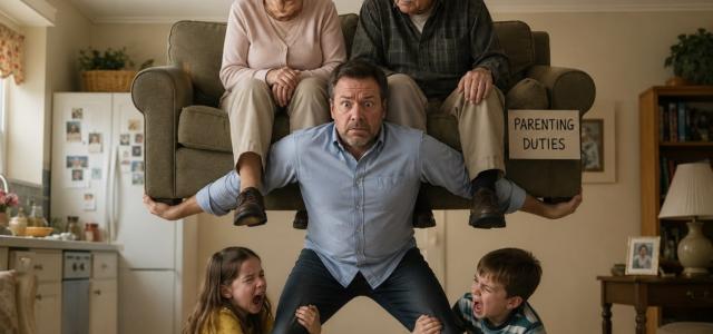 Comical picture of a man holding up a couch on his back with his parents sitting on it, while his two children cling to his legs.
